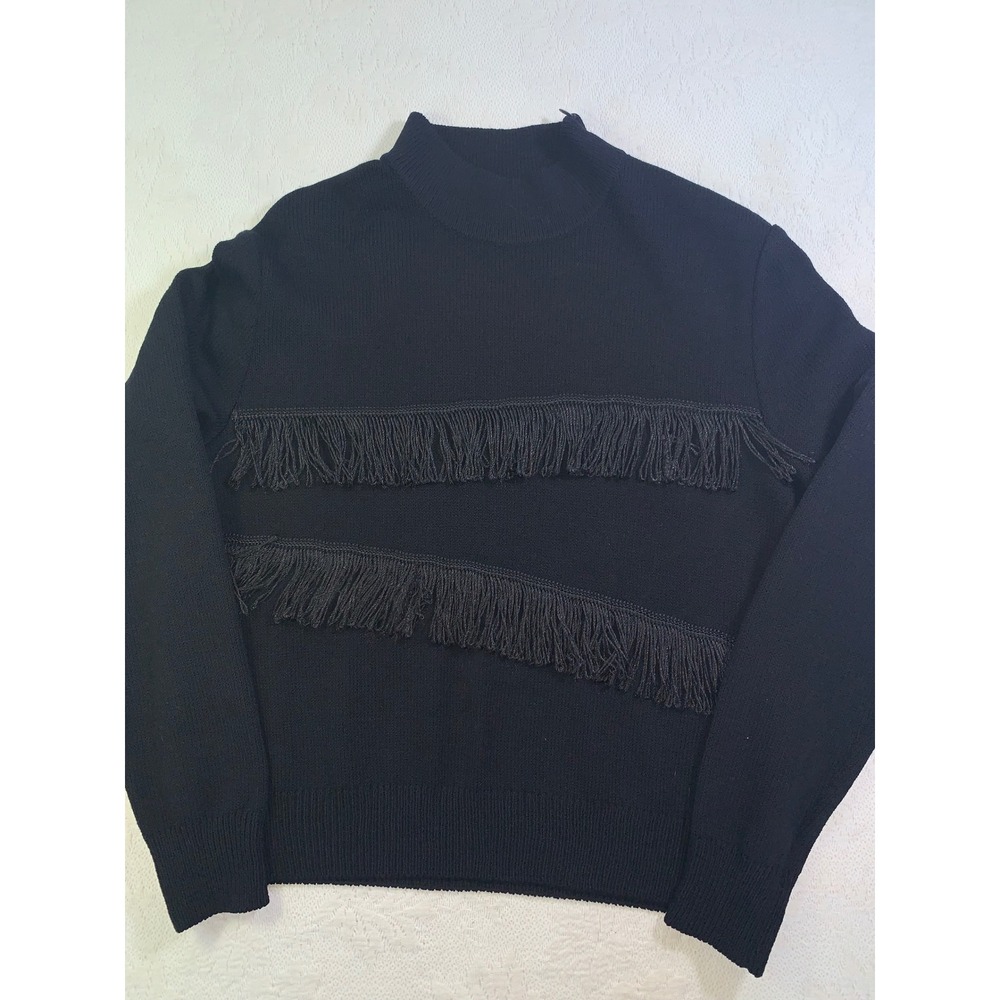 St John Collection Marie Gray Black Fringe Mock Neck Knit Sweater Small